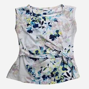 New York & Company Floral Sleeveless Tie Waist Blouse Blue White Yellow Large